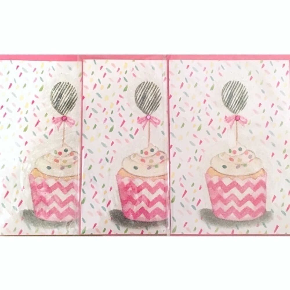 3 Handmade Greeting Cards Blank Envelopes Cupcake Birthday Confetti Glitter Bow